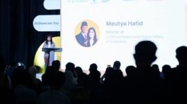 Menkomdigi Meutya Hafid saat memberikan sambutan dalam acara kelulusan Program Google for Startups Accelerator di Garuda Spark Innovation Hub Jakarta, Jakarta Pusat, Selasa (24/02/2026). (Foto: Anhar/Komdigi)