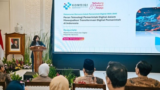 Menkomdigi Meutya Hafid menyampaikan sambutan dalam Soft Launching Rencana Induk Pemerintah Digital 2025-2045 di Kantor Bappenas, Jakarta Pusat, Kamis (26/02/2026). (Foto: Ahmad Tri Hawaari/Komdigi)