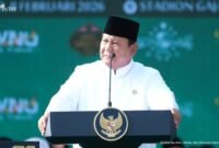 Prabowo dalam sambutan pada acara Mujahadah Kubro 100 Tahun Nahdlatul Ulama (NU) di Stadion Gajayana, Malang, Jawa Timur, Minggu (8/2/2026).