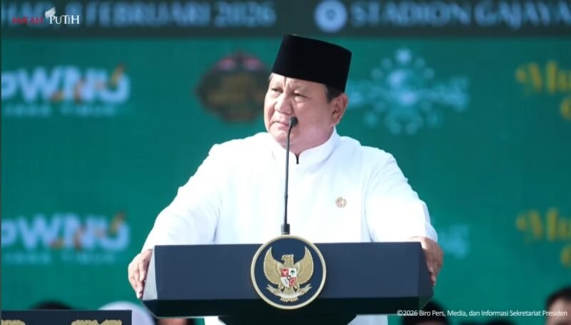 Prabowo dalam sambutan pada acara Mujahadah Kubro 100 Tahun Nahdlatul Ulama (NU) di Stadion Gajayana, Malang, Jawa Timur, Minggu (8/2/2026).