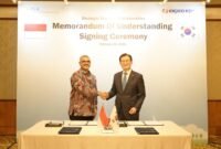 Direktur Utama PLN NPS Jakfar Sadiq (kiri)  berjabat tangan dengan President & CEO KEPCO KPS Kim Hongyoun (kanan) seusai menandatangani  nota kesepahaman terkait kolaborasi bisnis spada sektor energi untuk pasar global pada Selasa (24/2) di Jakarta.